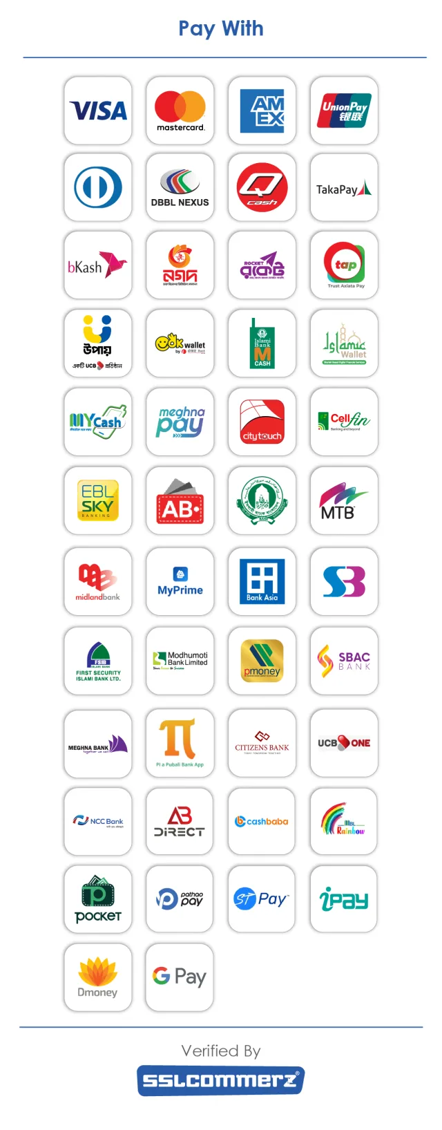 Pay with Visa, Mastercard, American Express, bKash, Nagad, Rocket, Upay and other Bangladeshi banks and wallets — verified by SSLCommerz